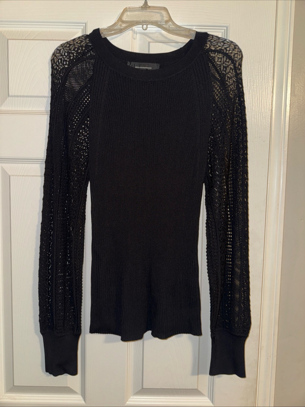 White House Black Market Black Long Sleeve Knit Top with Lace Sleeves